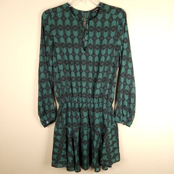 Olivaceous Green Black Long Sleeve Mini Dress Geometric Pattern Size M NWOT - Picture 1 of 12